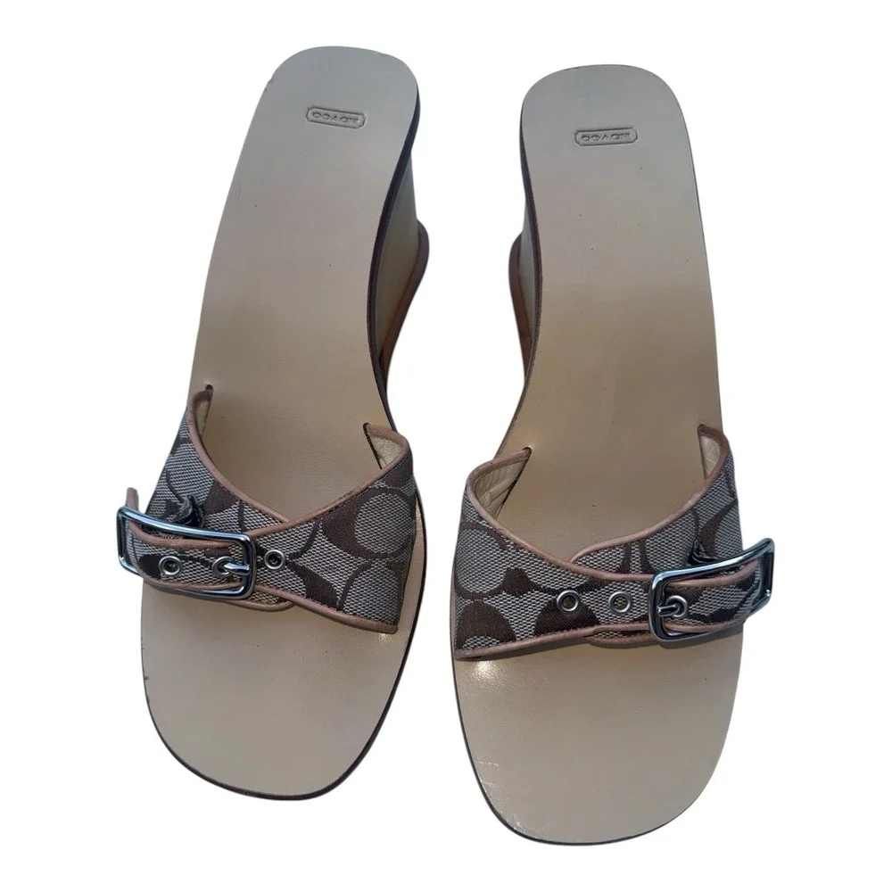 Y2K Coach Wooden Wedges Signature Jacquard Canvas Kitten Heel Soho Buckle Sz 9.5